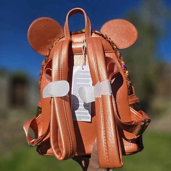 Loungefly Orange and Brown Sequin Mouse Ears Backpack - Picture 3 of 7